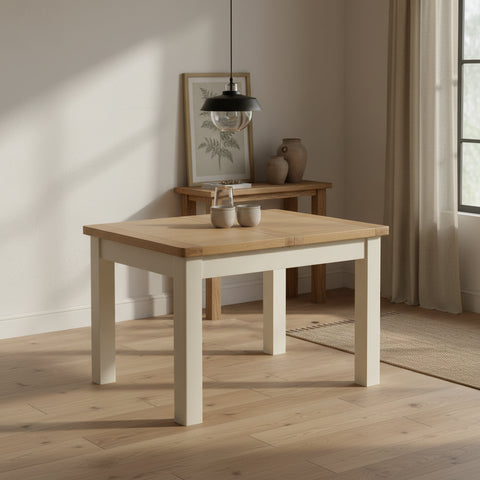 A lifestyle image of a Foxington Dining Table, with a light natural wood top and white painted frame and legs.
