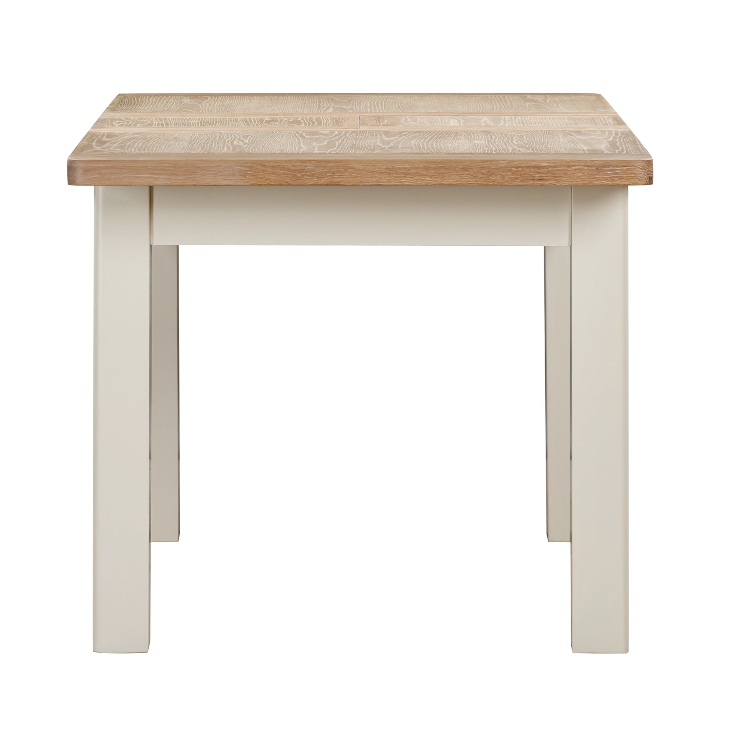 Close up of a Foxington Dining Table, with a light wood top and painted off-white legs and frame.  Shown on a white background.