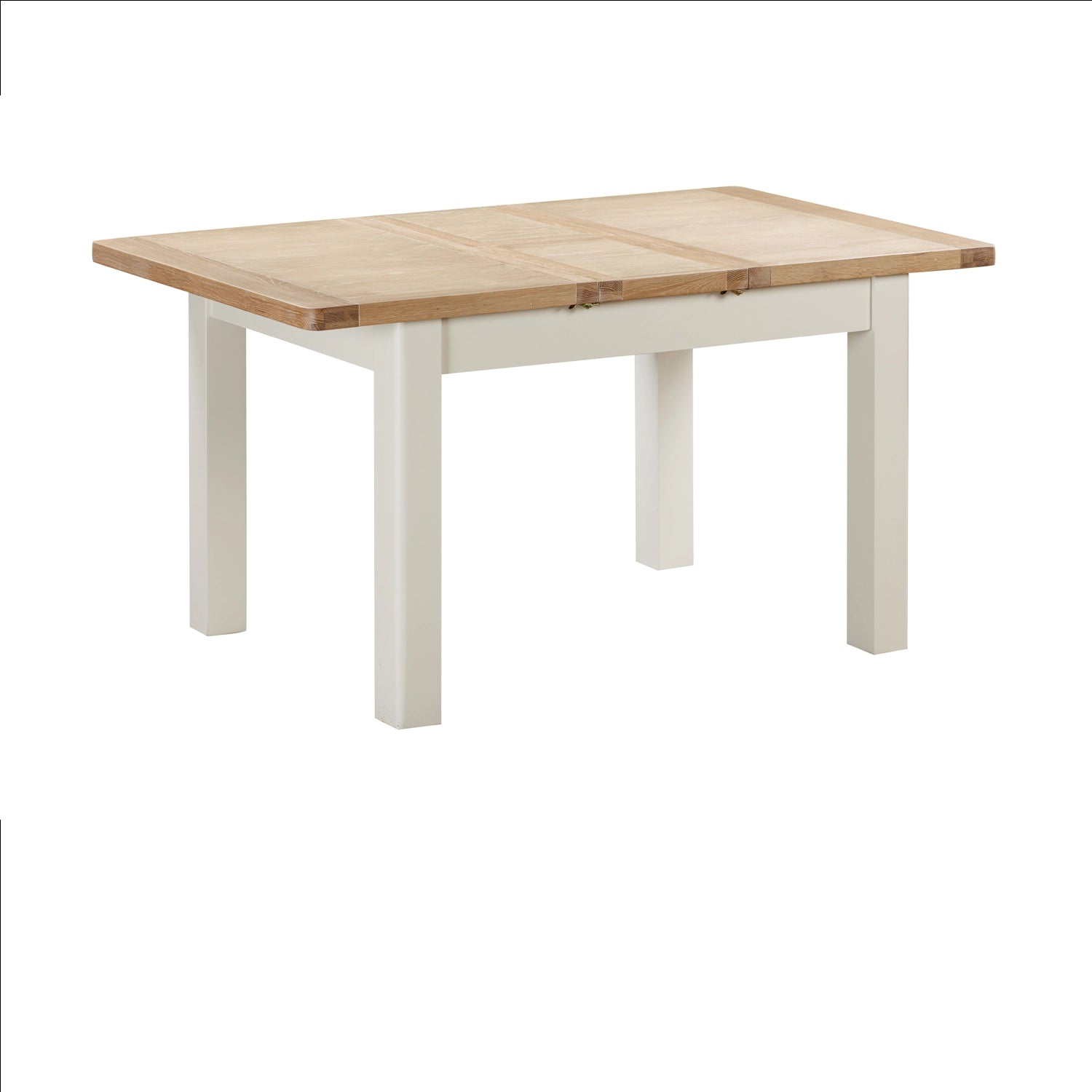 A Foxington Dining Table with a light natural wood top and white painted legs, shown extended on a plain white background.