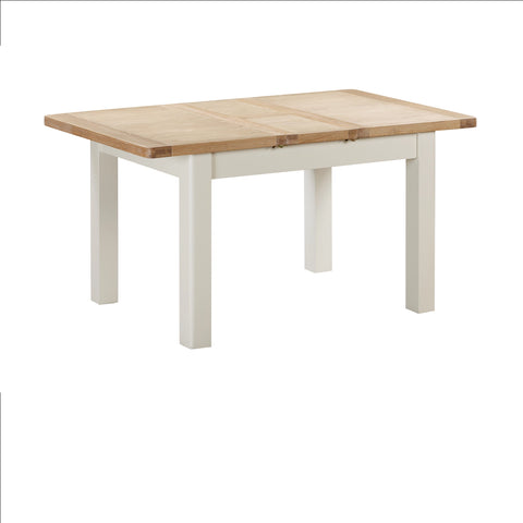 A Foxington Dining Table with a light natural wood top and white painted legs, shown extended on a plain white background.