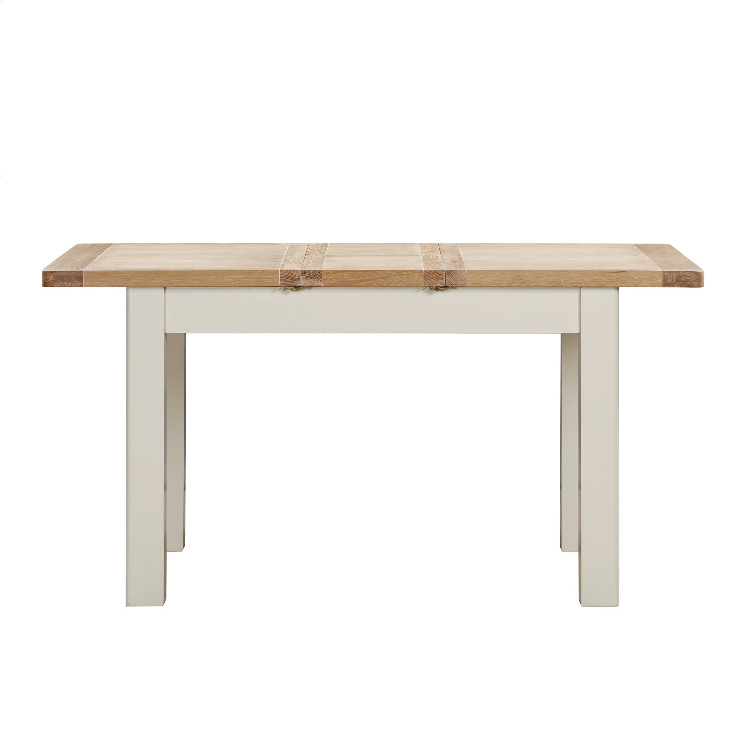 A close up of a Foxington Dining Table extended, with a light natural wood top and off-white coloured frame, shown against a plain white background.
