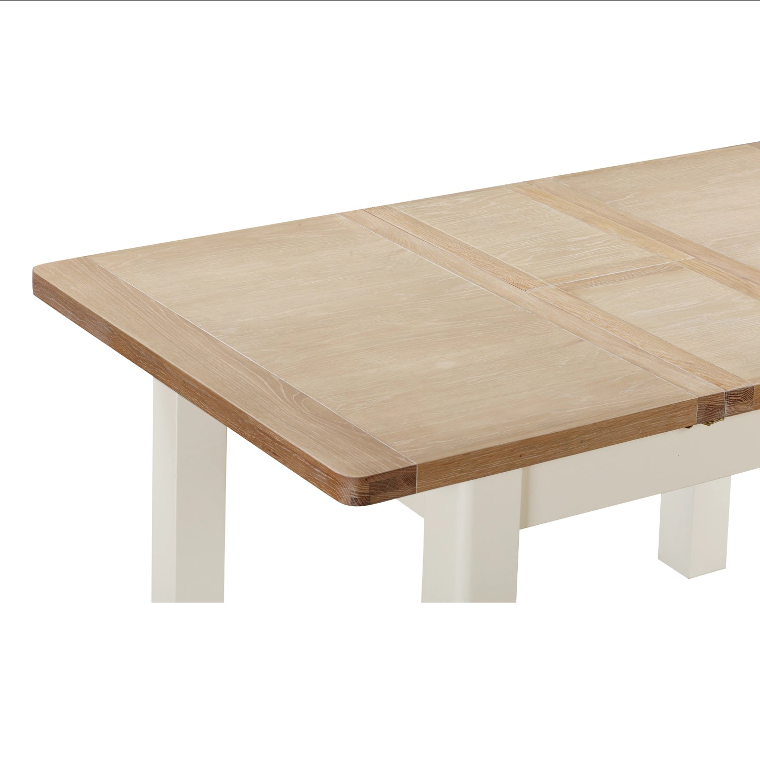 Close-up of the Foxington Dining Table extended. The table is a light natural wood top.  The frame and legs are painted an off-white colour.  Shown on a white backgroun