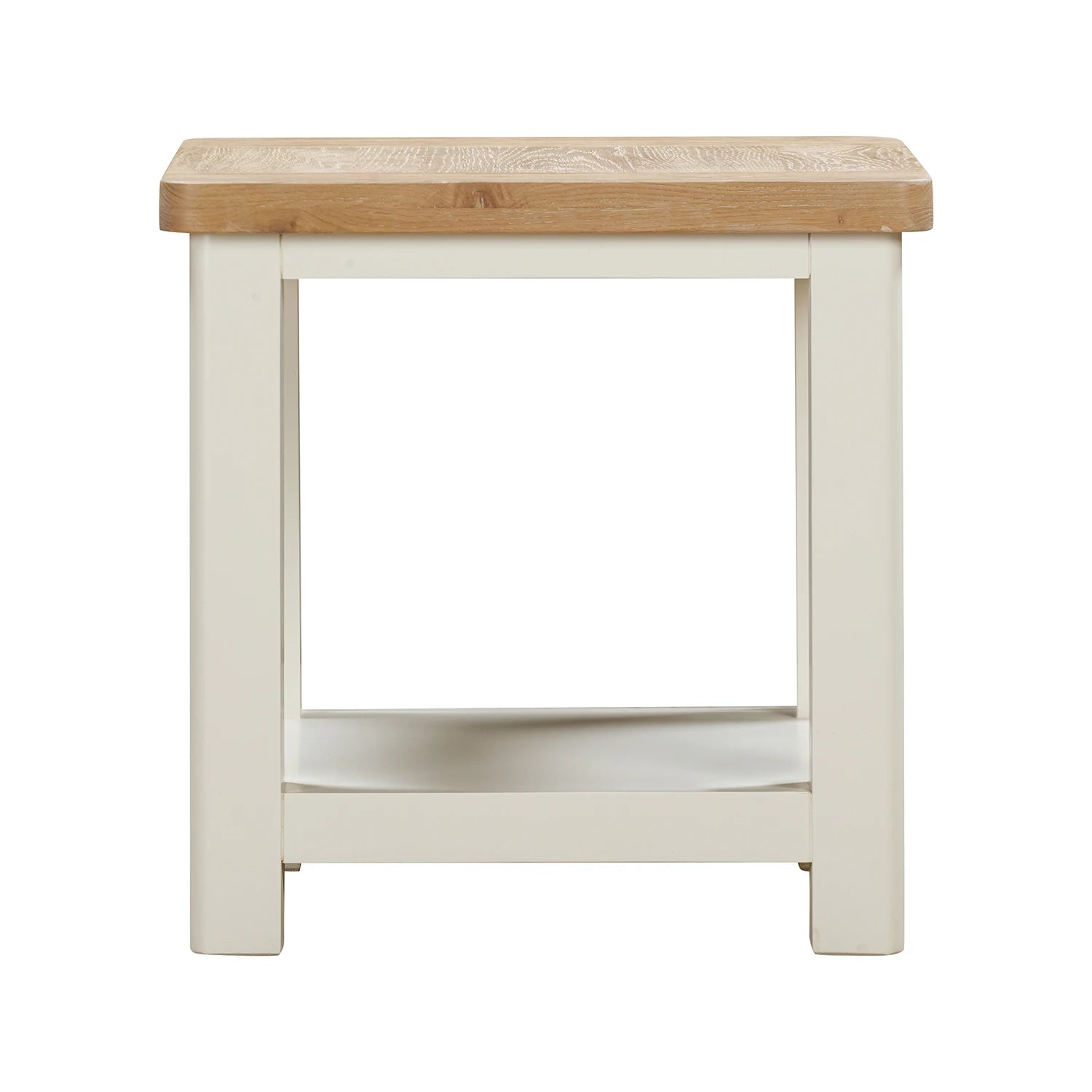 A close up of small Foxington Lamp Table with a light natural oak wood top, off-white painted frame and lower shelf. Shown against a plain white background.