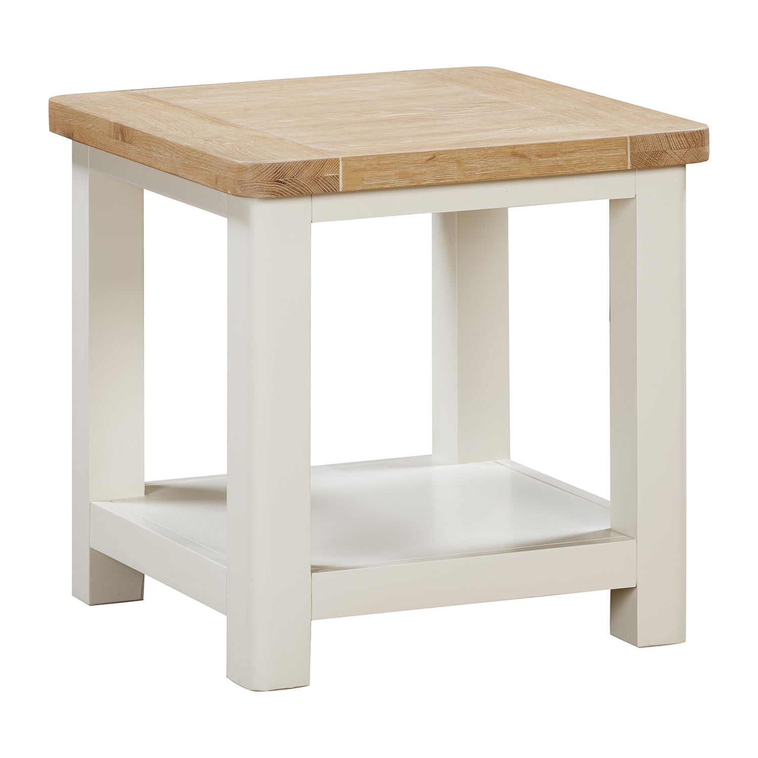 A close up image of Foxington Lamp Table with a light natural wood top and an off-white painted frame, featuring a lower shelf , shown on a solid white background.
