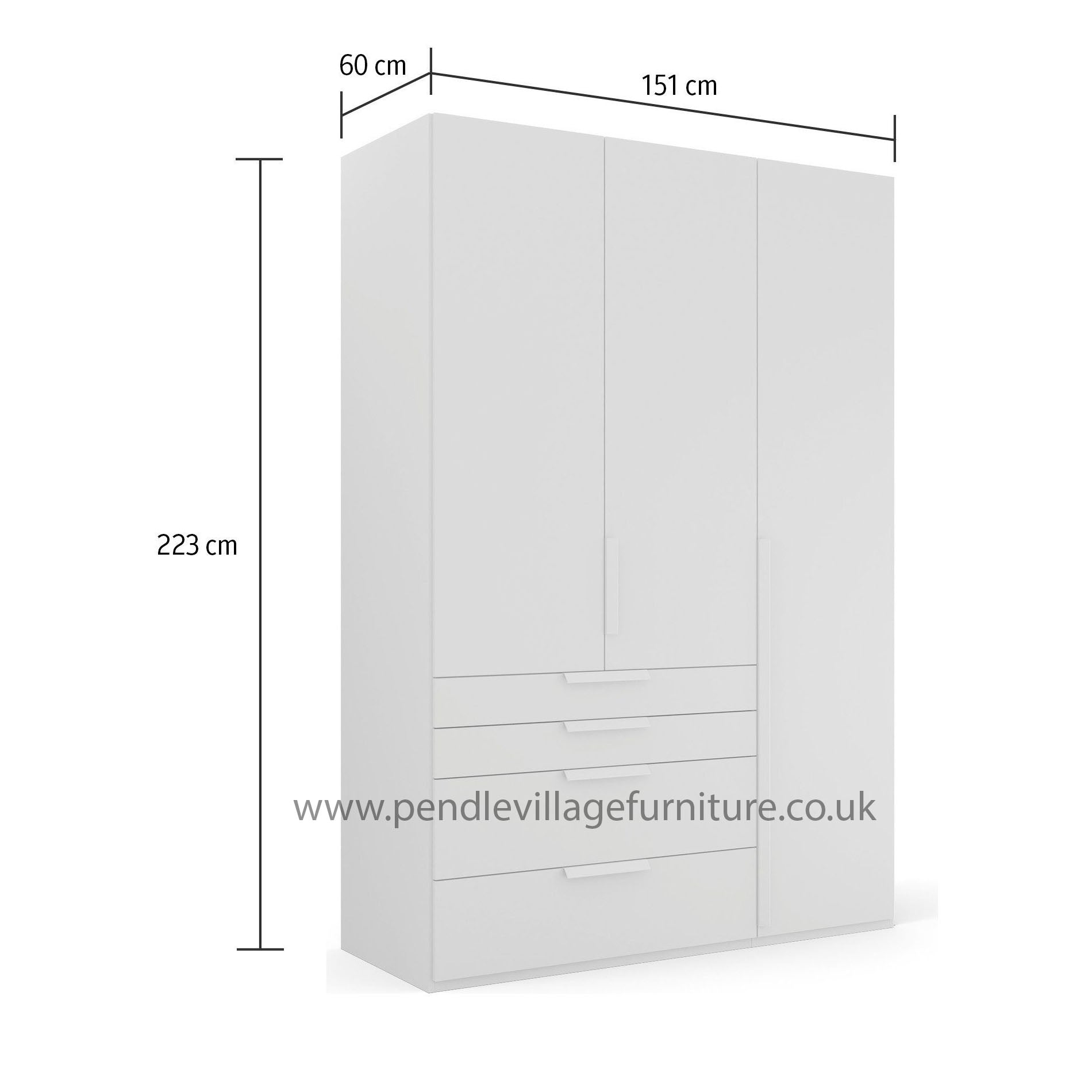 Rauch Frans Premium 3-Door Wardrobe with Drawers, Dimensions: W151cm x H223cm. Available in White, Graphite, and Silk Grey. Choose the optional mirror above drawers. Free delivery and assembly included. Enhance your space with this high-quality wardrobe - 020