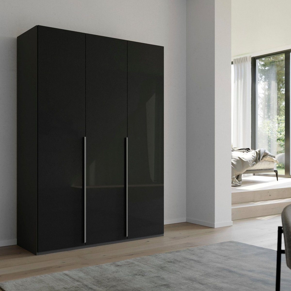 Rauch Frans 151cm Black Glass 3 Door Wardrobe with Long Door Handles - Angled View