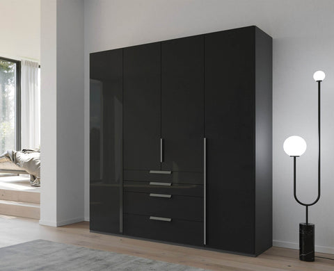 Rauch Frans Purisma 4 Door black Basalt Glass Front Combi Wardrobe With Exterior Drawers, Premium Quality wardrobe with free delivery and Assembly, Dimensions are Width 200cm and Height 223cm - 005