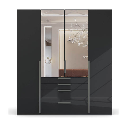 Rauch Frans Purisma 4 Door black Basalt Glass Front Combi Wardrobe With Exterior Drawers, Premium Quality wardrobe with free delivery and Assembly, Dimensions are Width 200cm and Height 223cm - 006