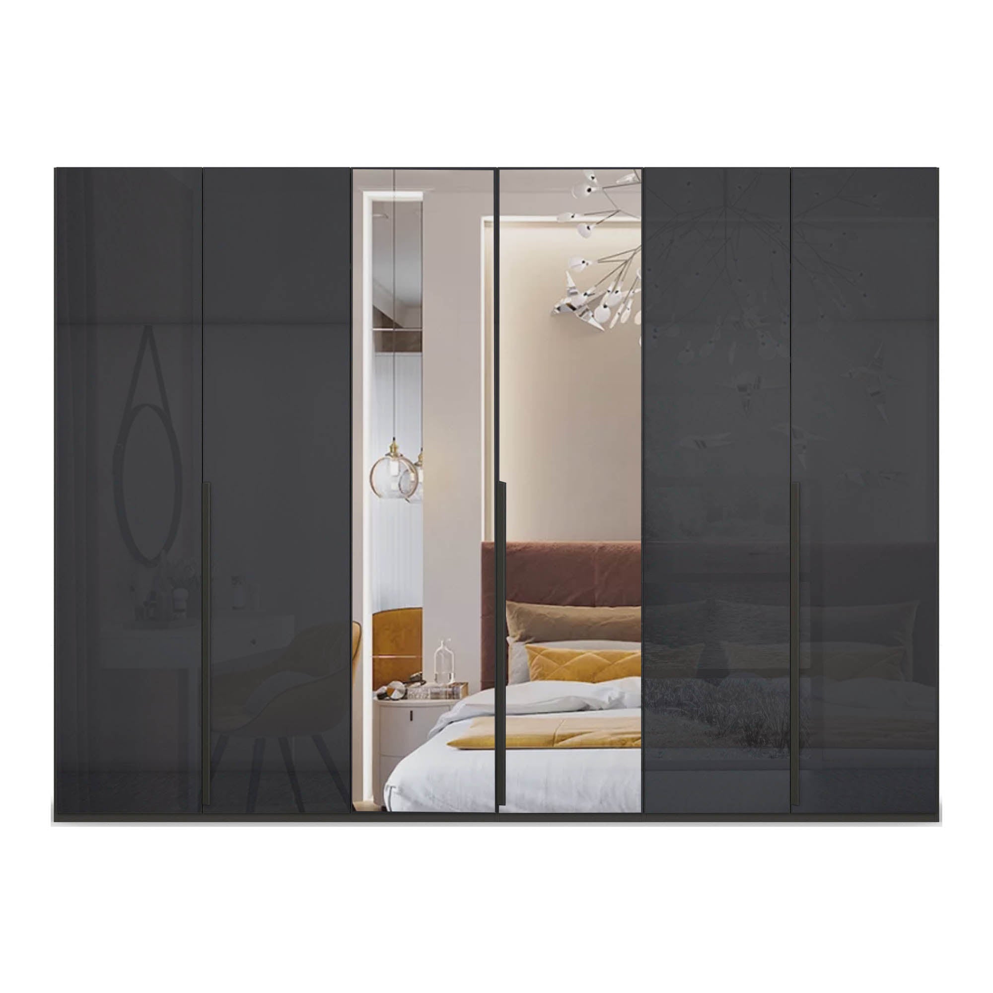 Franz Black 6 door wardrobe with Mirror with shelves, 300cm Wide, comes with premium interior. Available for Sale online free delivery and assembly, Pay with interest free monthly instalments 