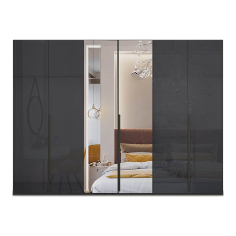 Franz Black 6 door wardrobe with Mirror with shelves, 300cm Wide, comes with premium interior. Available for Sale online free delivery and assembly, Pay with interest free monthly instalments 