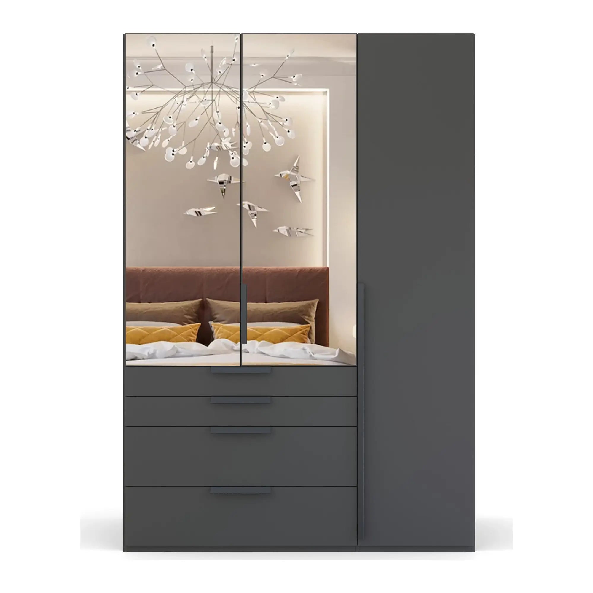 Rauch Frans Premium 3-Door Wardrobe with Drawers, Dimensions: W151cm x H223cm. Available in White, Graphite, and Silk Grey. Choose the optional mirror above drawers. Free delivery and assembly included. Enhance your space with this high-quality wardrobe - 011