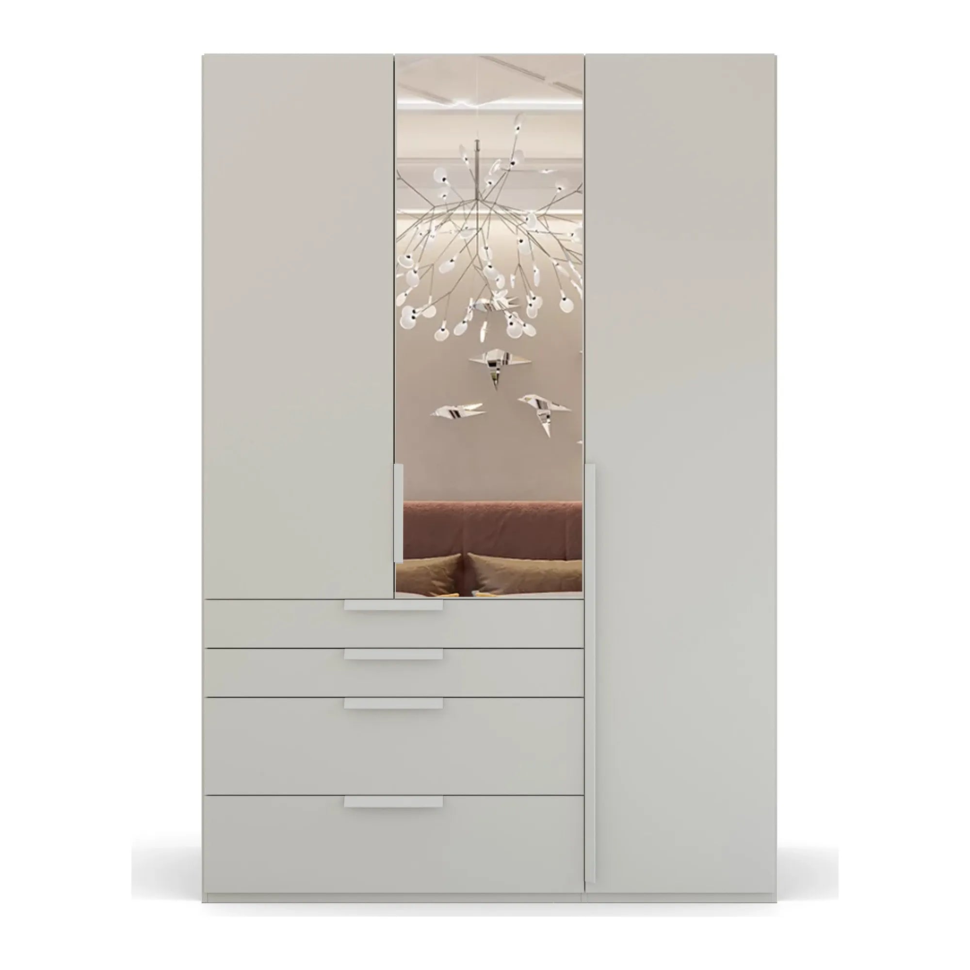 Rauch Frans Premium 3-Door Wardrobe with Drawers, Dimensions: W151cm x H223cm. Available in White, Graphite, and Silk Grey. Choose the optional mirror above drawers. Free delivery and assembly included. Enhance your space with this high-quality wardrobe - 003