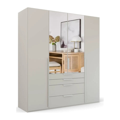 Frans 4-Door Wardrobe with Drawers in Silk Grey decor finish, showcasing modern design, spacious interior, and premium craftsmanship. Ideal for organised and stylish bedroom storage solutions. Dimensions are Width 200cm and Height 223cm. - 005