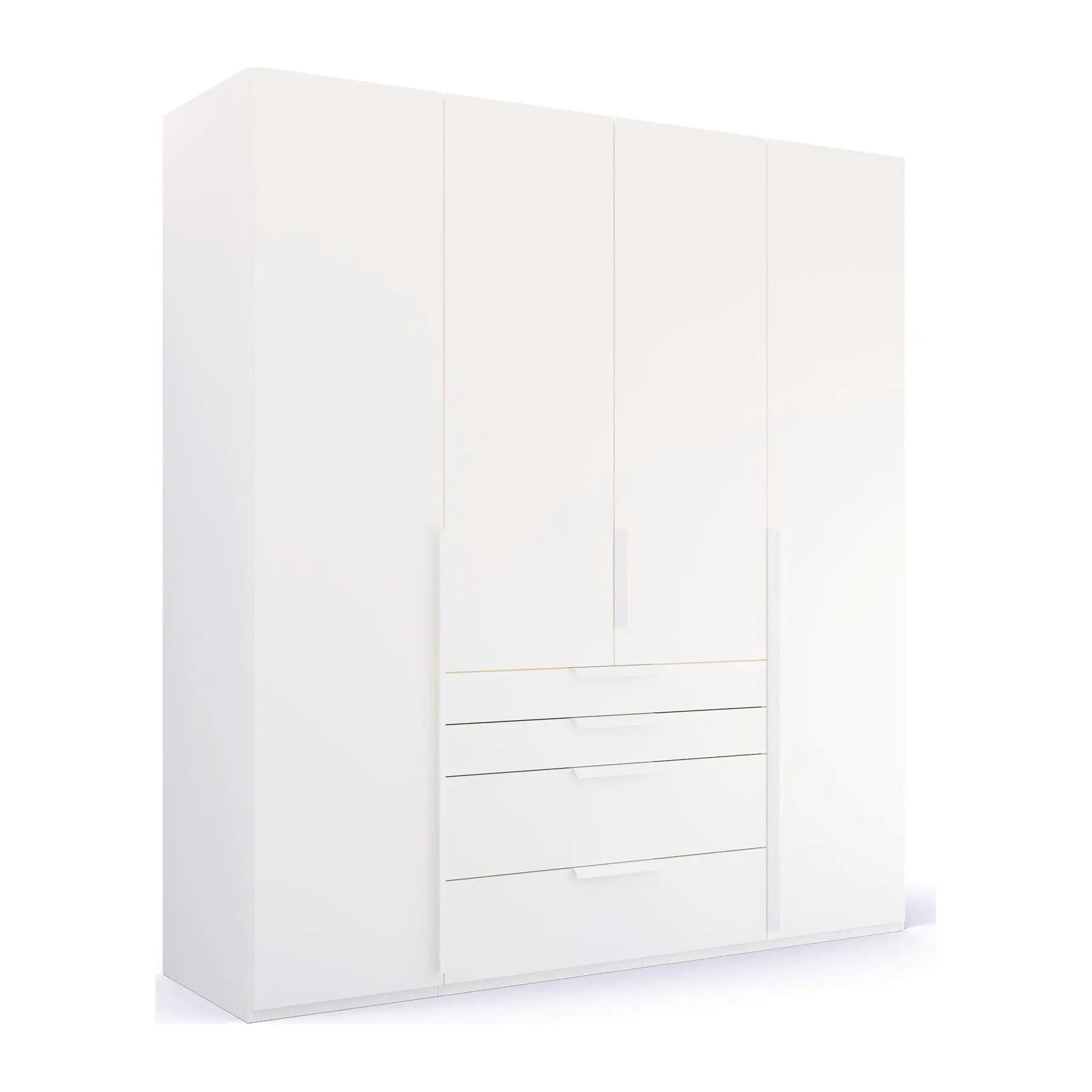 Frans 4-Door Wardrobe with Drawers in White decor finish, showcasing modern design, spacious interior, and premium craftsmanship. Ideal for organised and stylish bedroom storage solutions. Dimensions are Width 200cm and Height 223cm. - 001