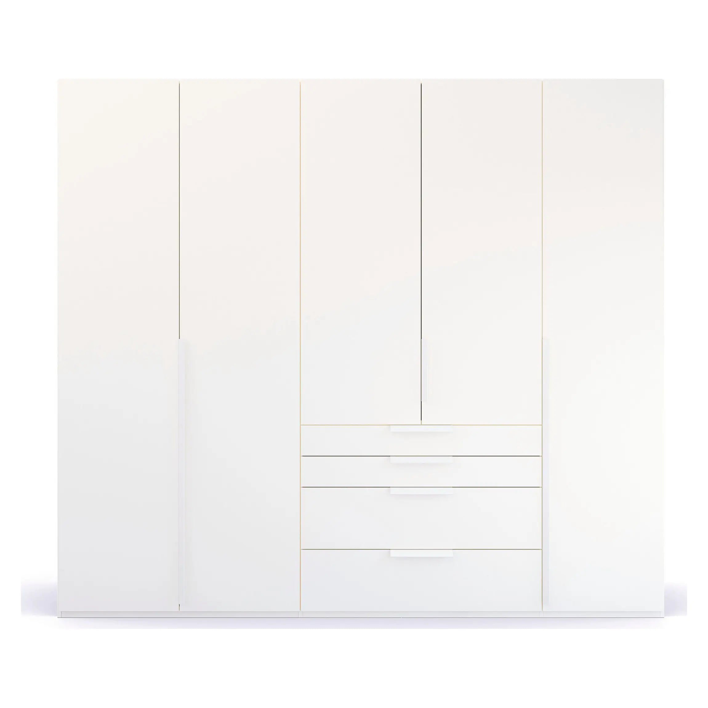 Frans 5 Door White wardrobe with Drawers at the bottom, Size: Width 250cm, Height 223cm and Depth 60cm. Colour White, Front Decor with optional Mirror - Bedroom Storage Solution Large Cupboard - 003