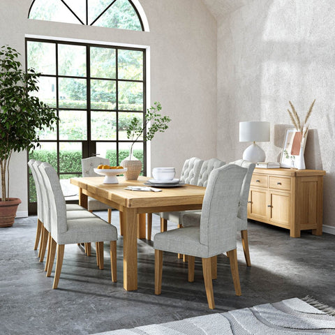 Norman Solid Oak Extending Dining Table and Upholstered Chair Set - Seats upto 10 People - Pendle Village Furniture