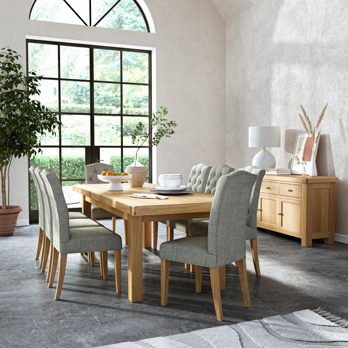 Norman Solid Oak Extending Dining Table and Upholstered Chair Set - Seats upto 10 People - Pendle Village Furniture