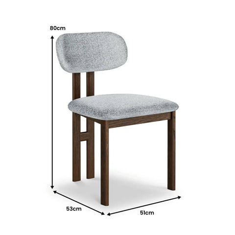 Saint Amond grey fabric dining chair with oak frame with dimensions mentioned on white background