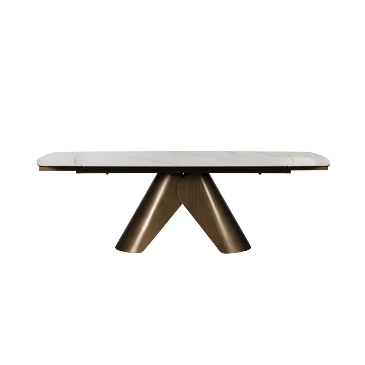 Varenna White Ceramic Extending Dining Table, 180-240cm. Featuring a marble-effect ceramic top, sculptural bronze base and seating for up to 10.