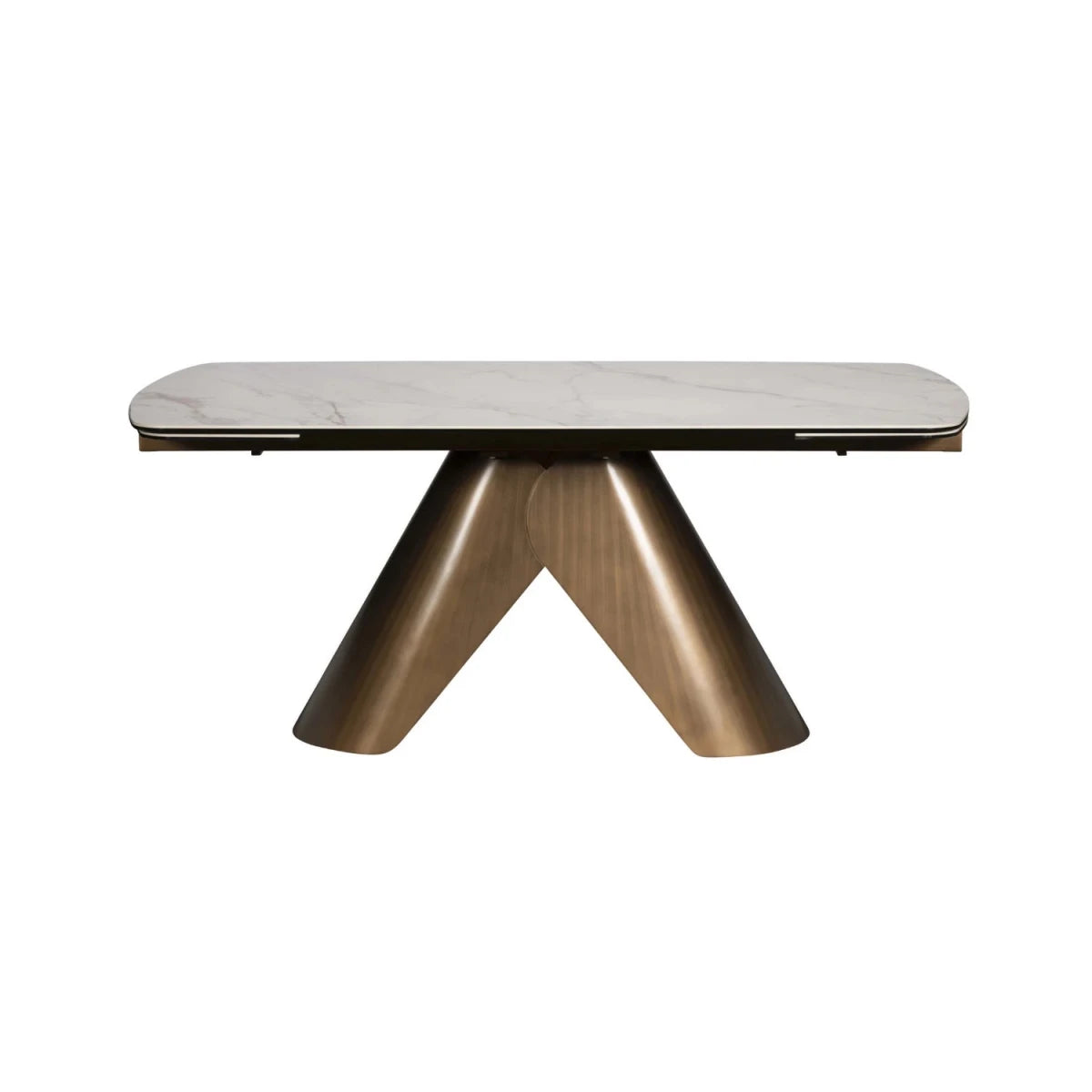 A modern rectangular table with a white marble-look top and a sculptural bronze V-shaped metal base, shown on a plain white background.