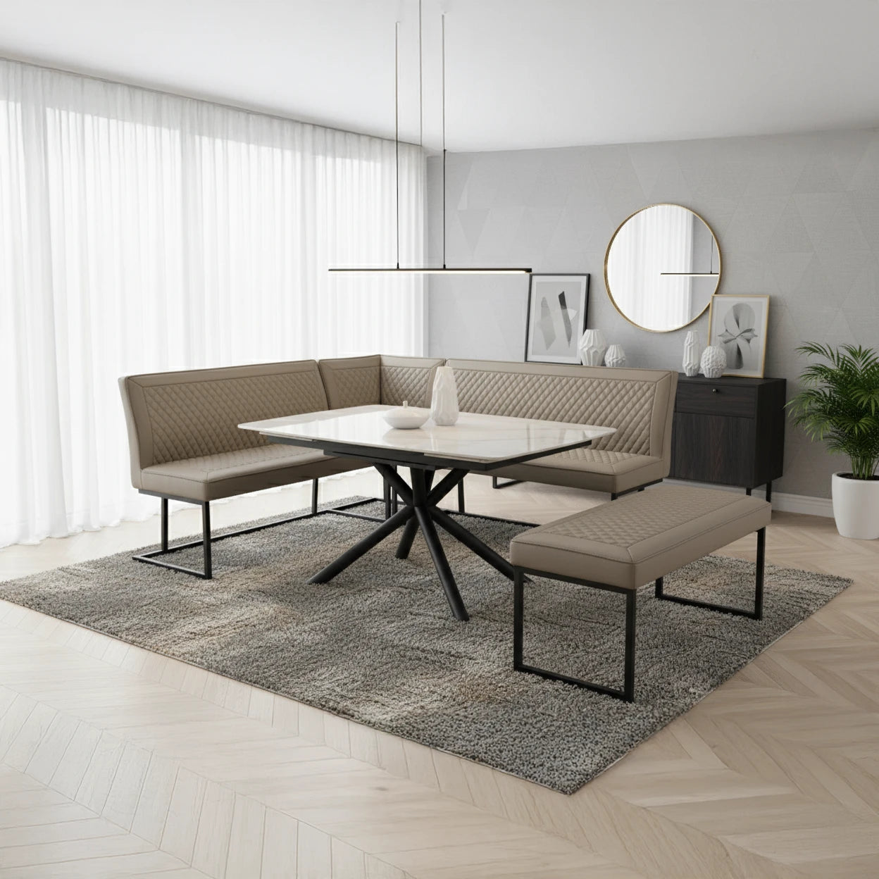 Galini 140–200cm White & Gold Extending Table with Corner Bench - Pendle Village Furniture