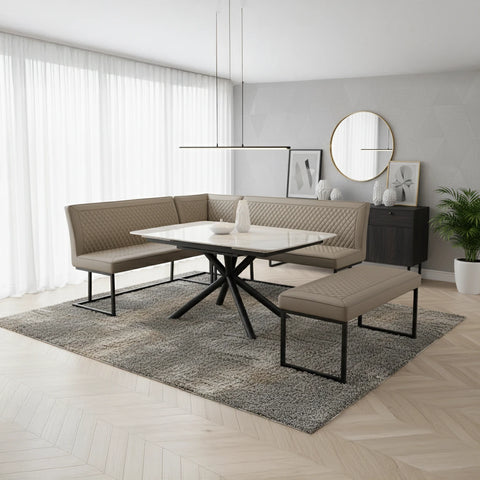 Galini 140–200cm White & Gold Extending Table with Corner Bench - Pendle Village Furniture