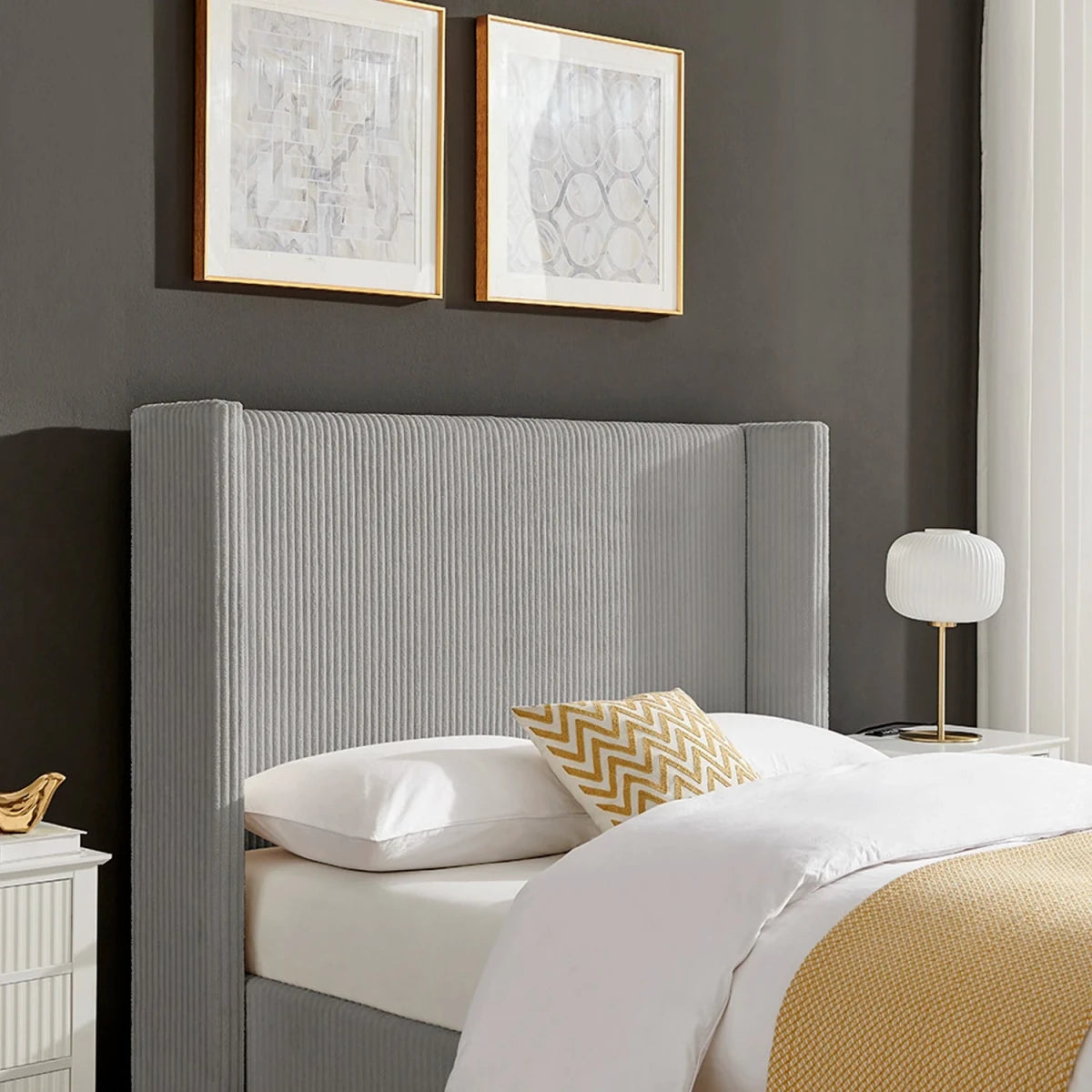 Close up of 130cm Tall Headboard on the Gemora Luxury Bed available in Double or King Size. Choose from a Grey or Natural plush corded fabric.