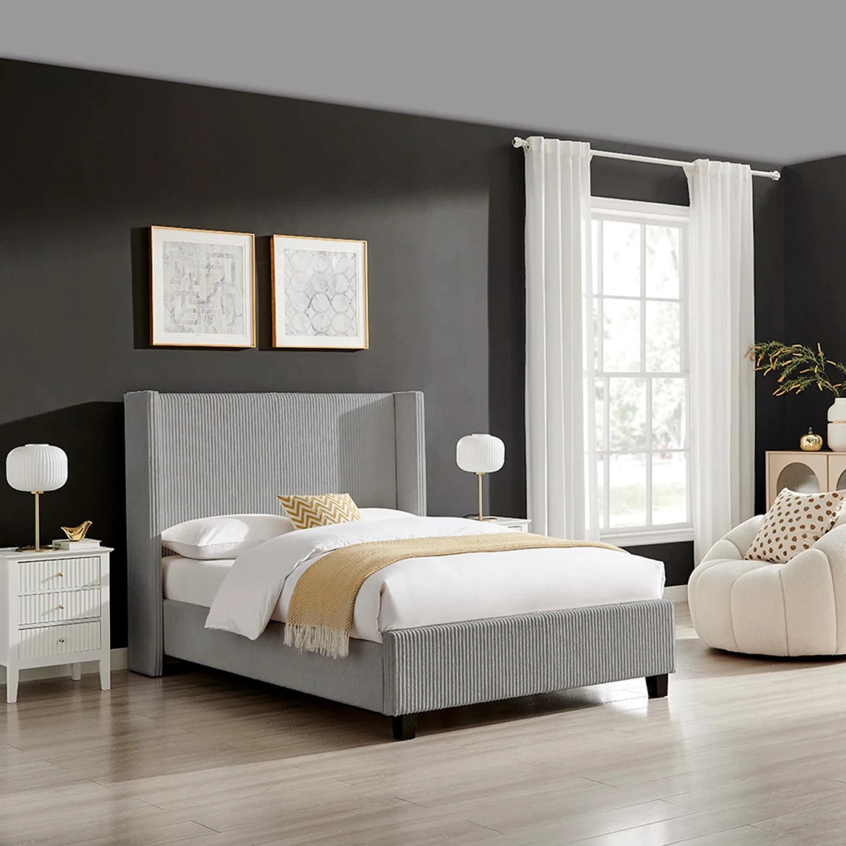 Gemora Luxury Bed available in Double or King Size. Choose from a Grey or Natural plush corded fabric.