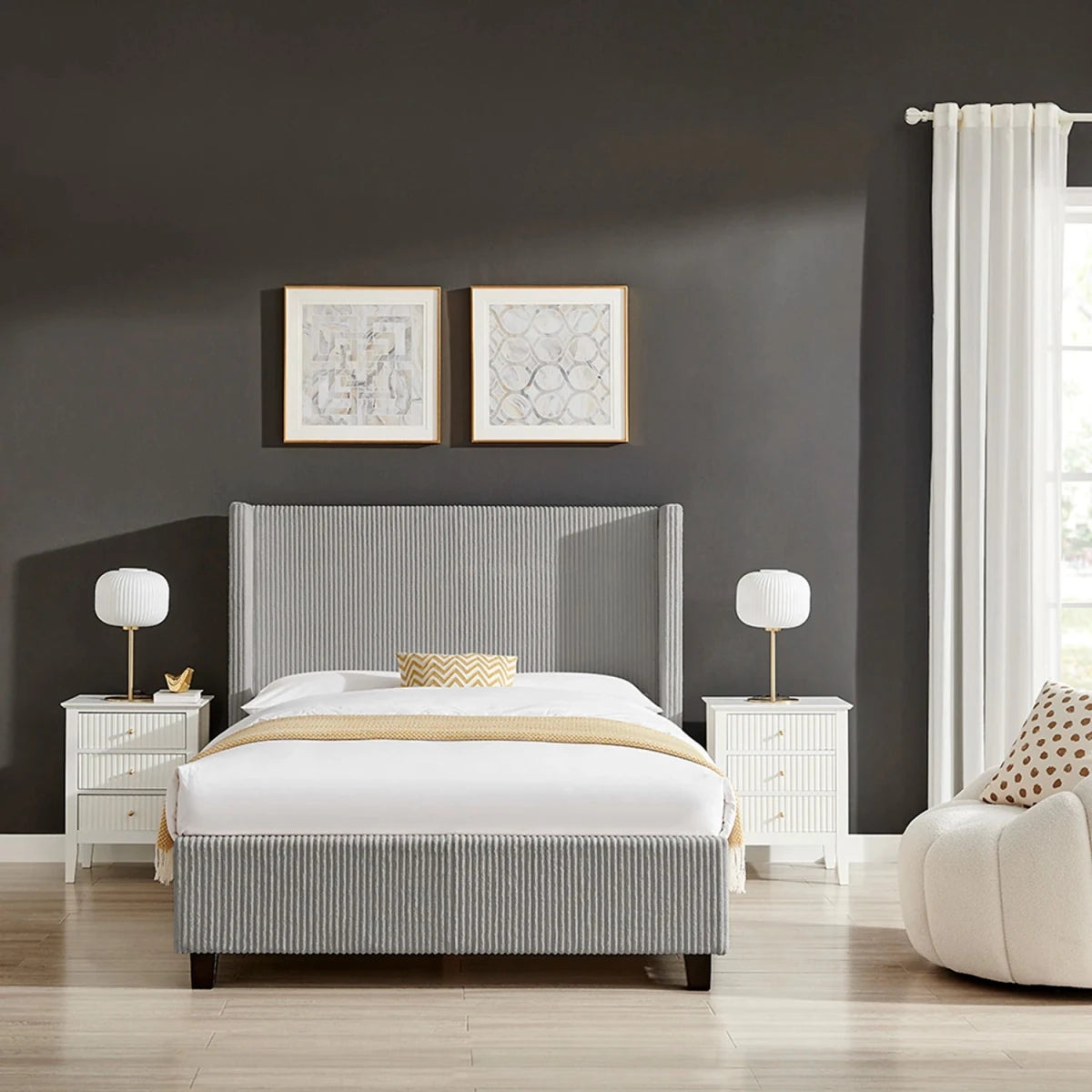 Lifestyle image of Gemora Luxury Bed available in Double or King Size. Choose from a Grey or Natural plush corded fabric.