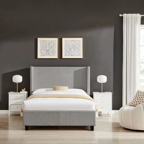 Lifestyle image of Gemora Luxury Bed available in Double or King Size. Choose from a Grey or Natural plush corded fabric.