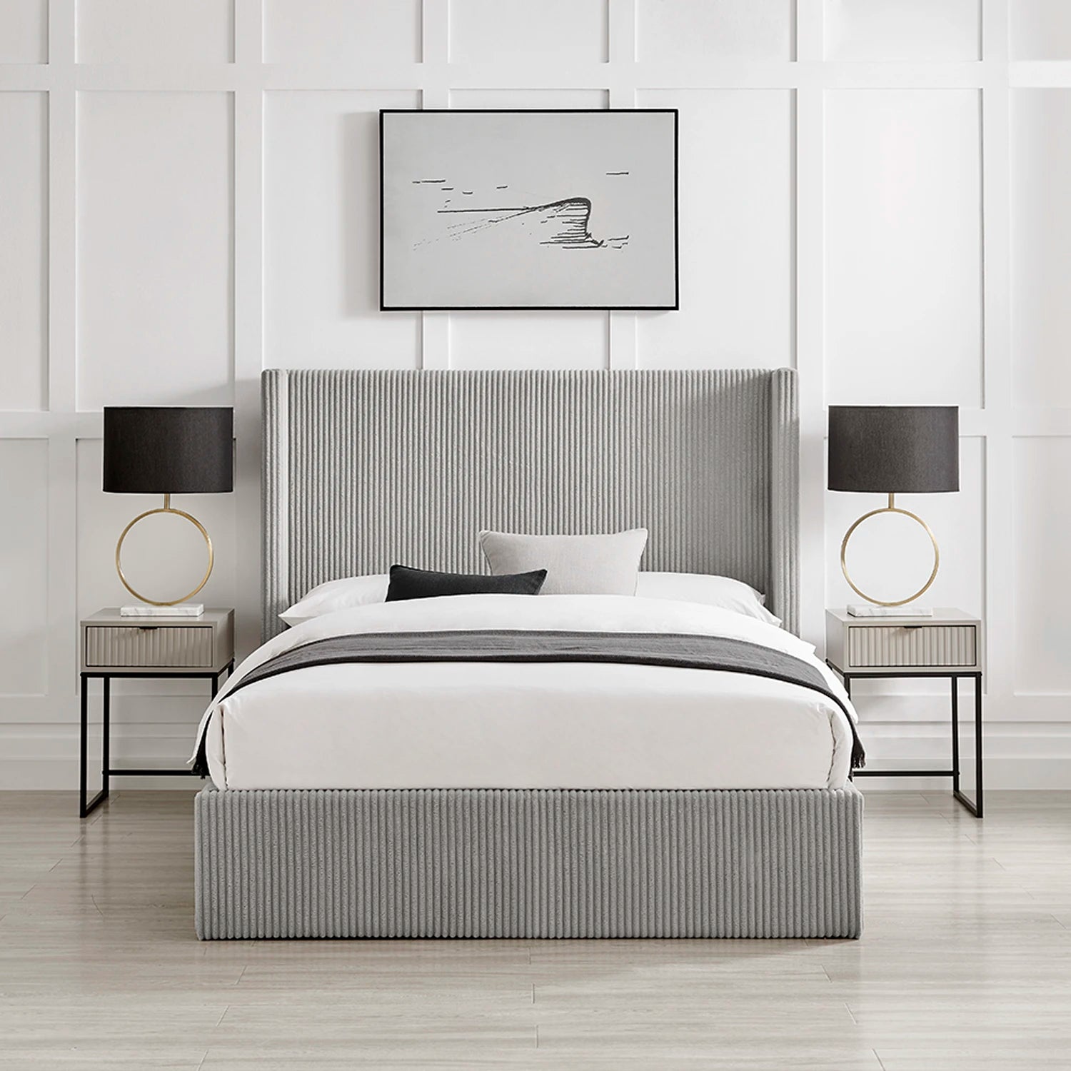 Front view of Gemora Luxury Ottoman Storage Bed in Grey corded fabric also available in Natural fabric.