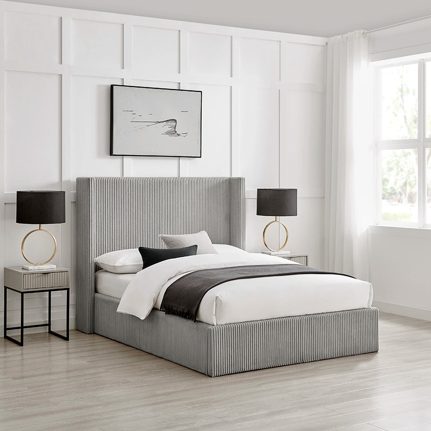 Lifestyle image of the Gemora Luxury Storage Bed shown in Grey plush corded fabric. Available in Double or Kingsize