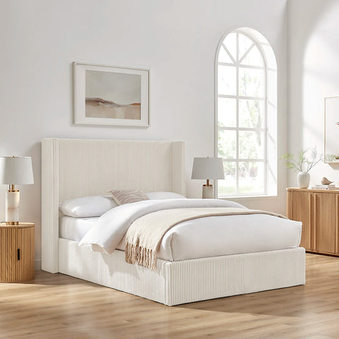 Gemora Luxury Storage Bed shown in Natural plush corded fabric. Available in Double or Kingsize.