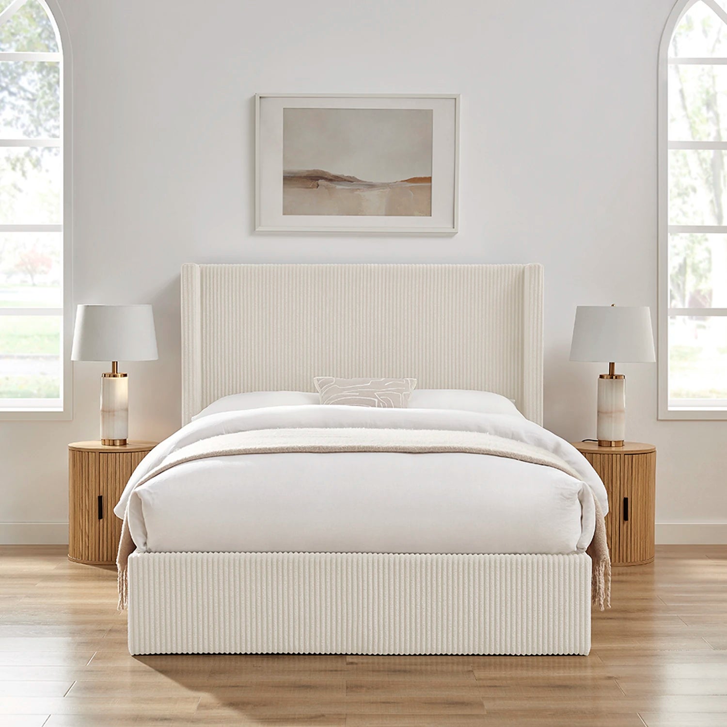 Lifestyle image of the Gemora Luxury Storage Bed in Natural Corded fabric. Also available in grey. Double or Kingsize available to order now.