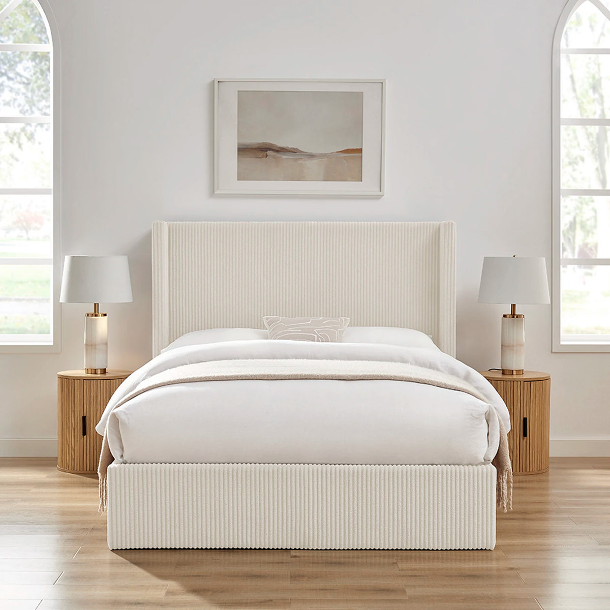 Lifestyle image of the Gemora Luxury Storage Bed in Natural Corded fabric. Also available in grey. Double or Kingsize available to order now.