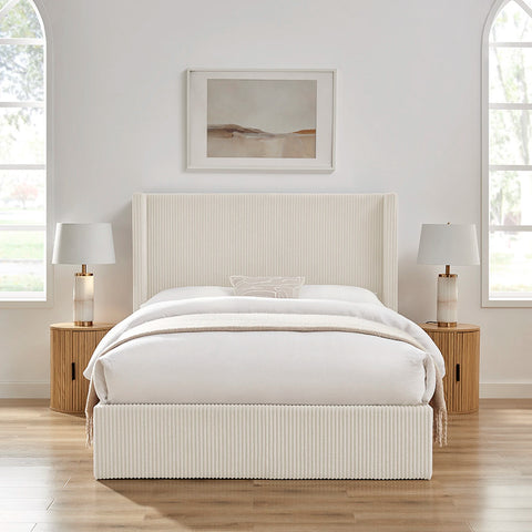 Lifestyle image of the Gemora Luxury Storage Bed in Natural Corded fabric. Also available in grey. Double or Kingsize available to order now.