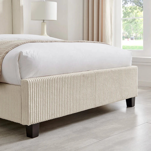 Close up of the natural plush corded fabric footend of the Gemora Luxury Bed available in Double or King Size. Pendle Village Furniture