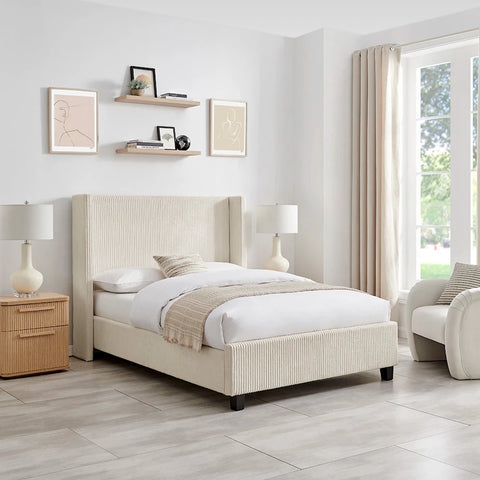 Gemora Luxury Bed available in Double or King Size. Choose from a Natural or Grey plush corded fabric.