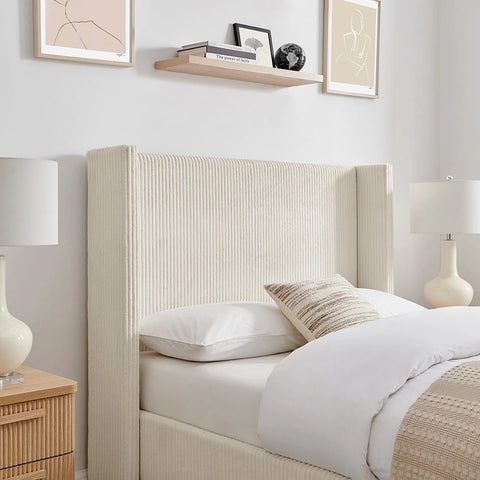 Close up of the Natural plush corded fabric Gemora Luxury Bed available in Double or King Size. 