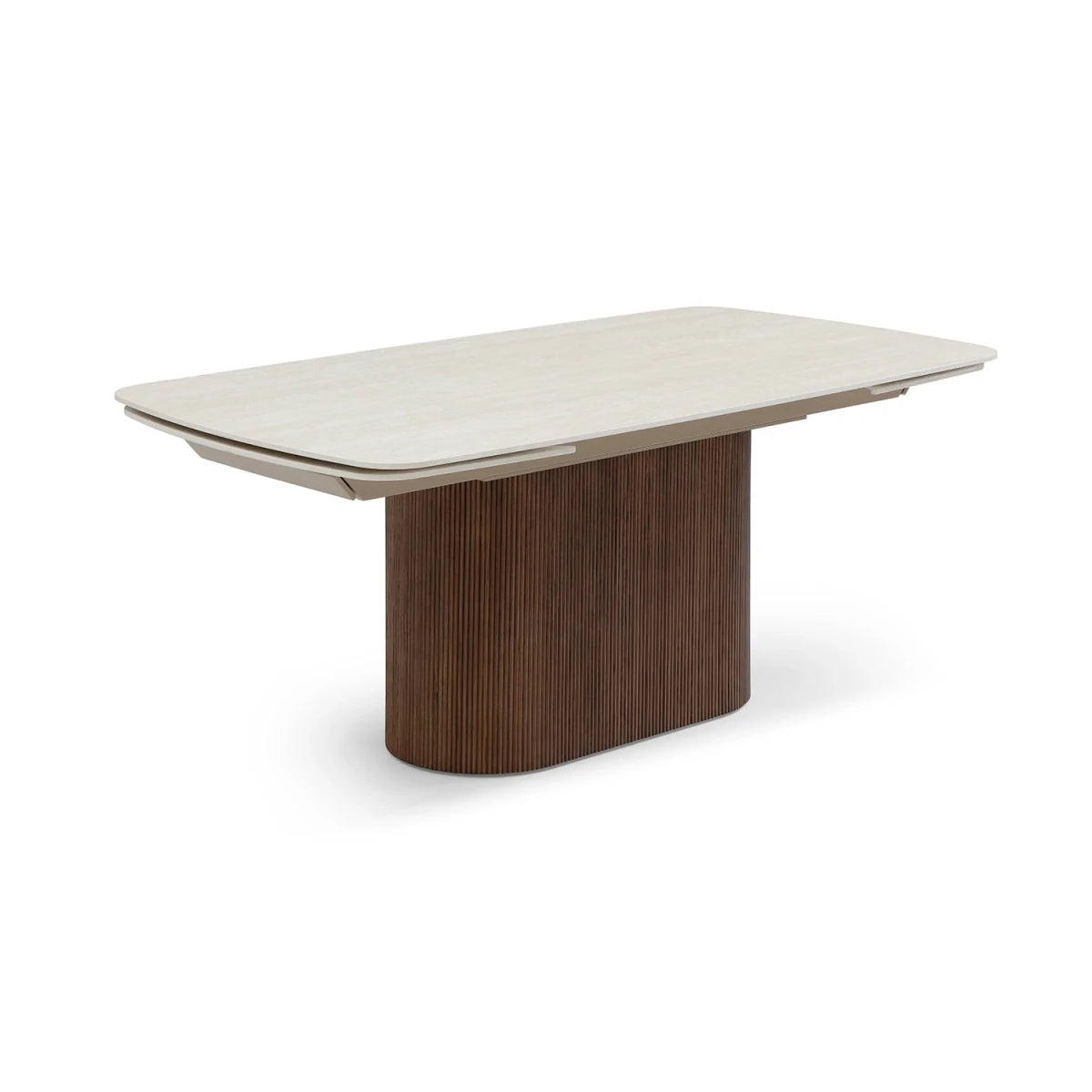 Modern dining table with marble top and wooden base on a white background