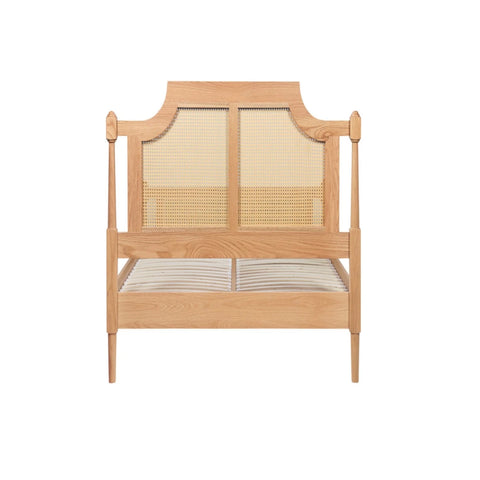 Wooden bed frame showcasing rich oak grain and warm natural finish.
