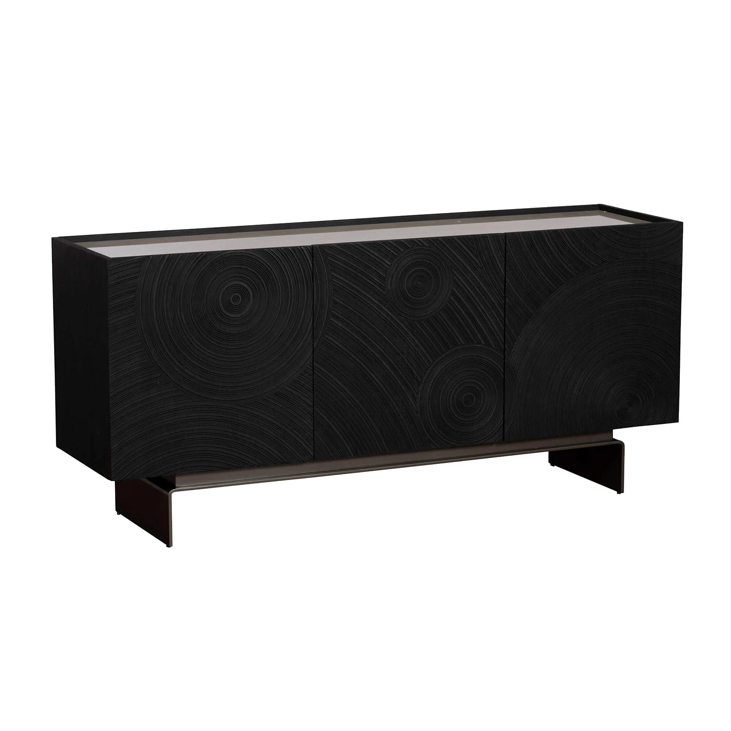 The Brann ceramic top sideboard features textured black doors, a light grey ceramic surface and bronze legs. A luxury storage piece for modern interiors.