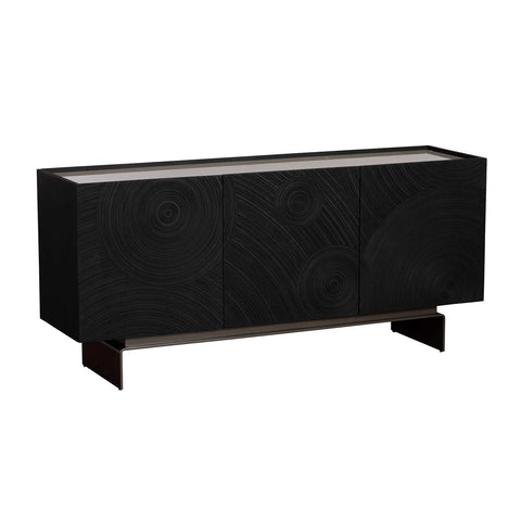 The Brann ceramic top sideboard features textured black doors, a light grey ceramic surface and bronze legs. A luxury storage piece for modern interiors.