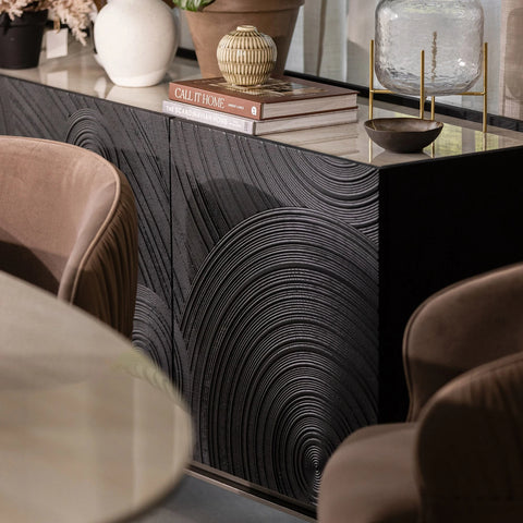 Brann ceramic top textured sideboard with black circular groove doors