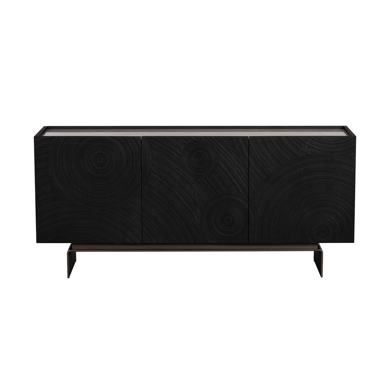 Black sideboard with circular patterns on a white background