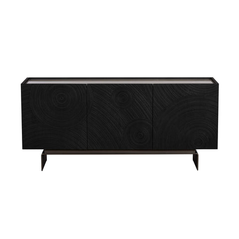 Black sideboard with circular patterns on a white background