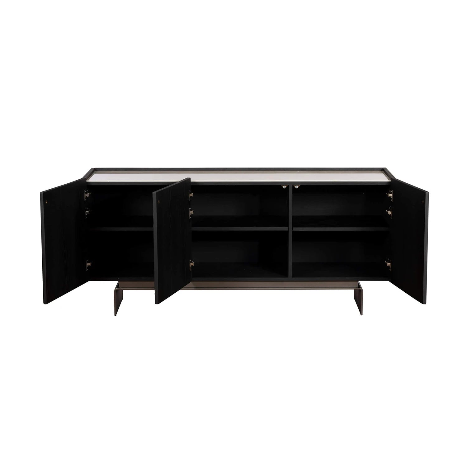 Black sideboard with open doors on a white background