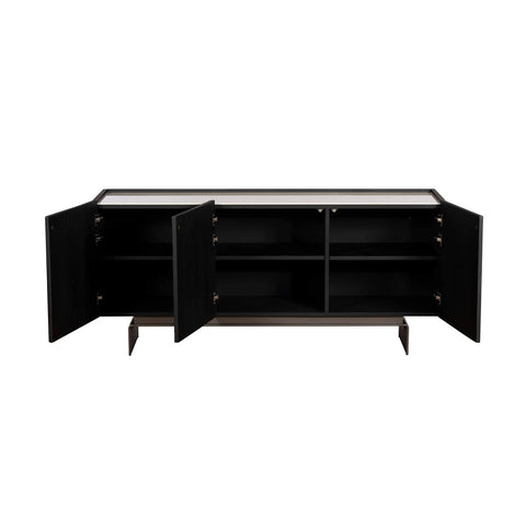 Black sideboard with open doors on a white background
