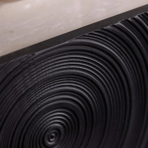Close-up of a black Contemporary three door sideboard with textured front design