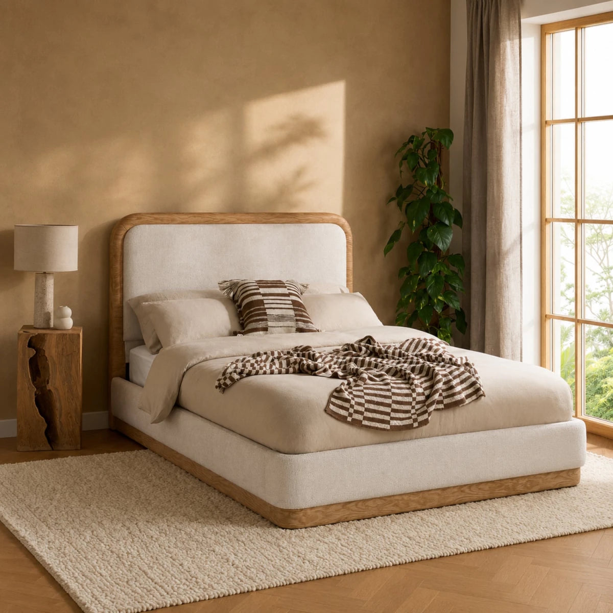 Contemporary upholstered double bed with textured faux wood finish.